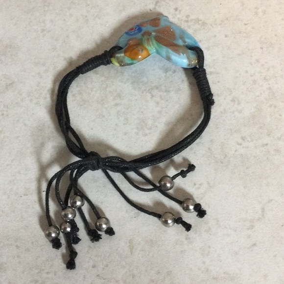 Blue cloisonné heart on black cord bracelet - Picture 4 of 8